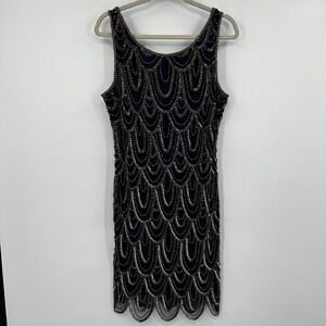Pisarro Nights Black Beaded Sequin Flapper Dress Art Deco Style Size 14 Cocktail